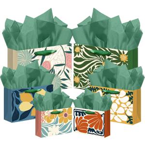 qiqee Clash Flowers Gift Wide Bags with Tissue Paper Multi Assorted Sizes 10PCS Present Party Favor Birthday Bags(2pcs Large 13", 4pcs Medium 9", 4pcs Small 6", Tissue Paper)