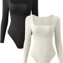 OQQ Women's 2 Piece Bodysuits Sexy Ribbed One Piece Square Neck Long Sleeve Tops (Large, Black Beige)