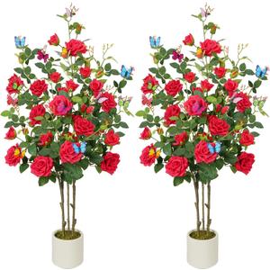 4FT Fake Rose Tree 2 Pack, Realistic Artificial Camellia Plant in Pot with 24 Detachable Butterflies Fake Flower Trees for Home Office Living Room Front Porch Indoor Outdoor Decor (Greenpink)