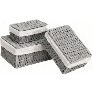 Small Wicker Basket with Lid, Gray Paper Rope Woven Storage Basket with Removable Liner, Stackable Shelf Bin for Bathroom, Closet, Dresser (S-7"4.3"3", Grey)