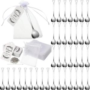 Meanplan 50 Sets Tea Party Favors for Guests, Tea Spoon Heart Shape Stainless Steel Coffee Spoon with Organza Bag and Thank You Card for Wedding Bridal Shower Party Wedding Souvenir Gift(White)