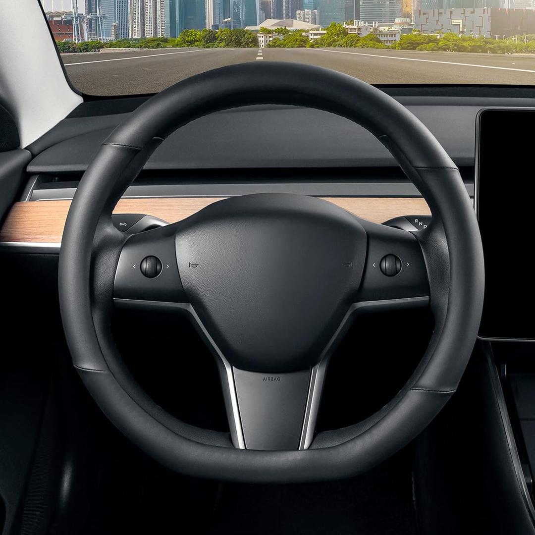 SEG Direct Flat Bottom Steering Wheel Cover, D Shaped Car Wheel Cover 14-14 1/4 in. (35.5-36 cm), for Tesla Model 3 / Y, for Camaro, Black Microfiber Leather SEG Direct Flat Bottom Steering Wheel Cover, D Shaped Car Wheel Cover 14-14 1/4 in. (35.5-36 cm), for Tesla Model 3 / Y, for Camaro, Black Microfiber Leather