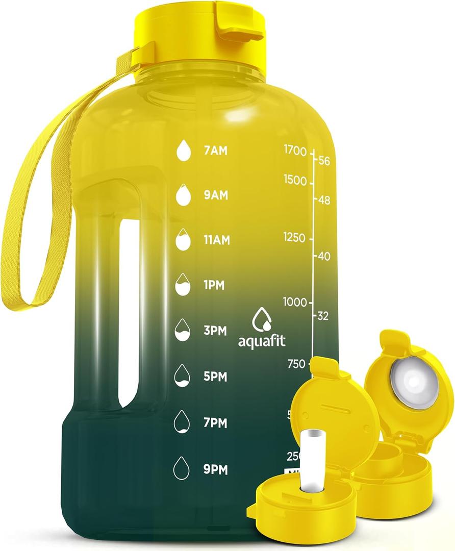 AQUAFIT 64 oz Water Bottle with Time Marker - Straw & Chug Lid - BPA Free Half Gallon Gym Water Bottle with Handle - Big Gallon Jug (Forest Fade, 64 Ounces)