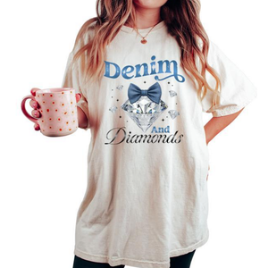 Denim And Diamonds Bow Ladies Girls Women Women's Oversized Comfort T-shirt