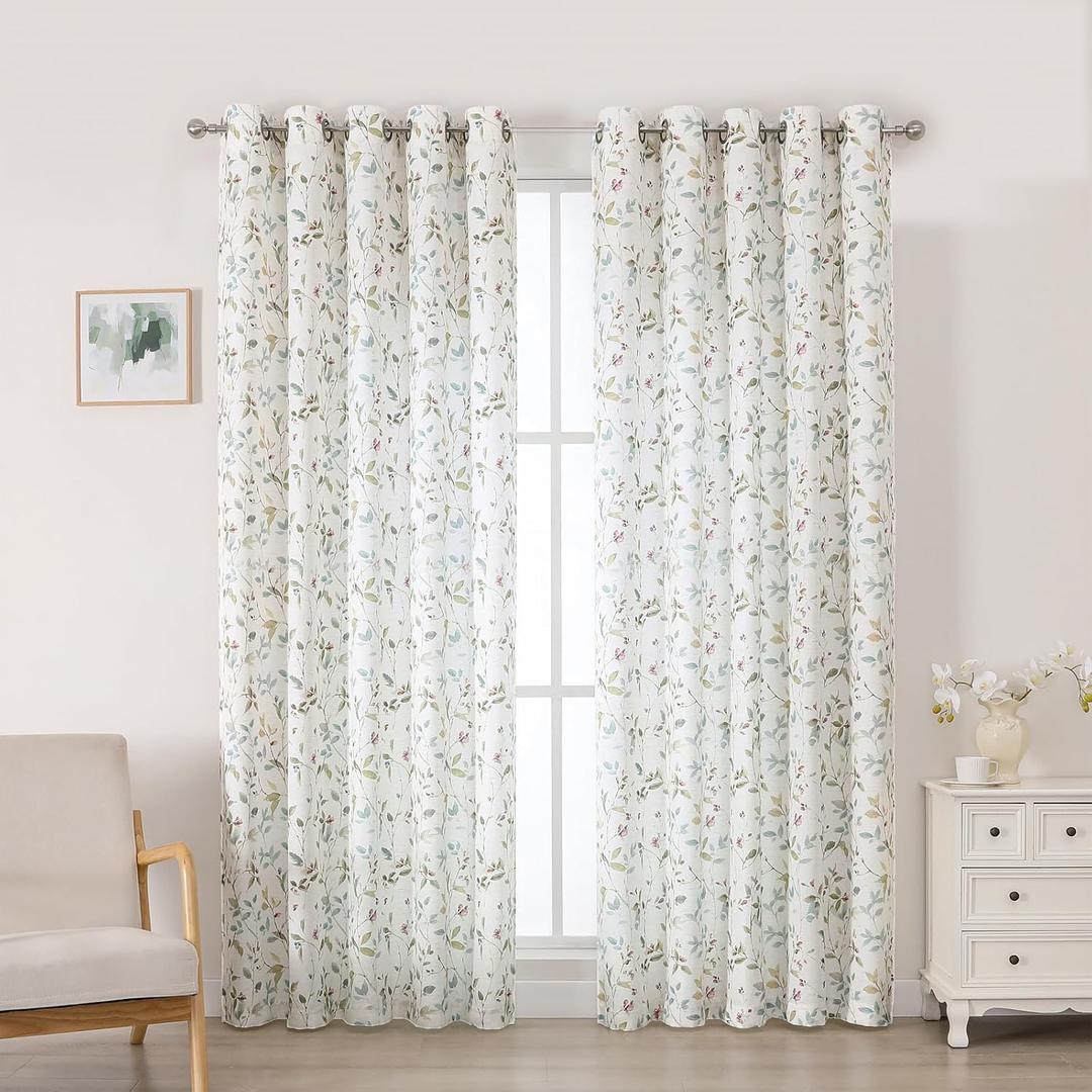 OWENIE Leaf Floral Curtains for Bedroom Living Room 72 Inches Long 2 Panels Set, Soft Airy Light Filtering Linen Blend Farmhouse Textured Printed Grommet Door Curtains, Each 58" Extra Wide x72 Long (Multi Color)