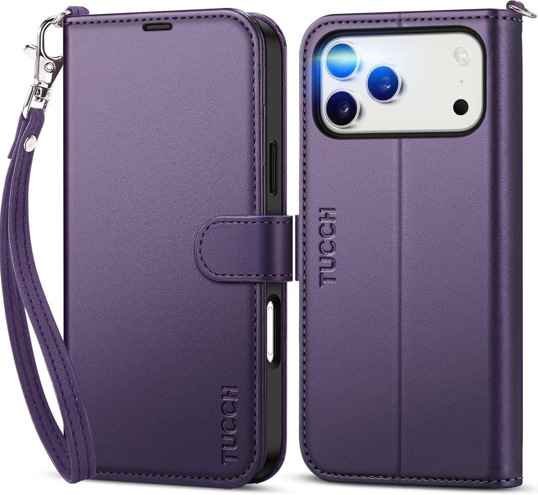 TUCCH Case Wallet for iPhone 17 Pro Max (6.9") 2025, Wrist Strap, Stand, RFID Blocking, 4 Card Holder, TPU Shockproof Inner Shell, PU Leather, Magnetic Folio Protective Cover, Deep Purple