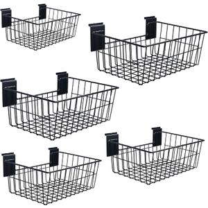 Slatwall Baskets, 15-Inch Width Heavy Duty Steel Wire Slat Wall Hanging Basket - Versatile Slatwall Accessory for Retail, Garage, Office, Sports, Toys, and More (5 Pack)