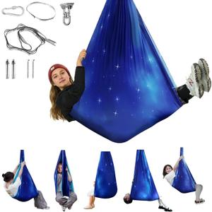 Sensory Swing for Kids & Adults, Indoor & Outdoor Double Layer Therapy Swing, Cuddle Swing with 360Swivel Hardware Holds to 300LBS for Calming, Relaxing and Autism, ADHD or SPD (Star Blue)