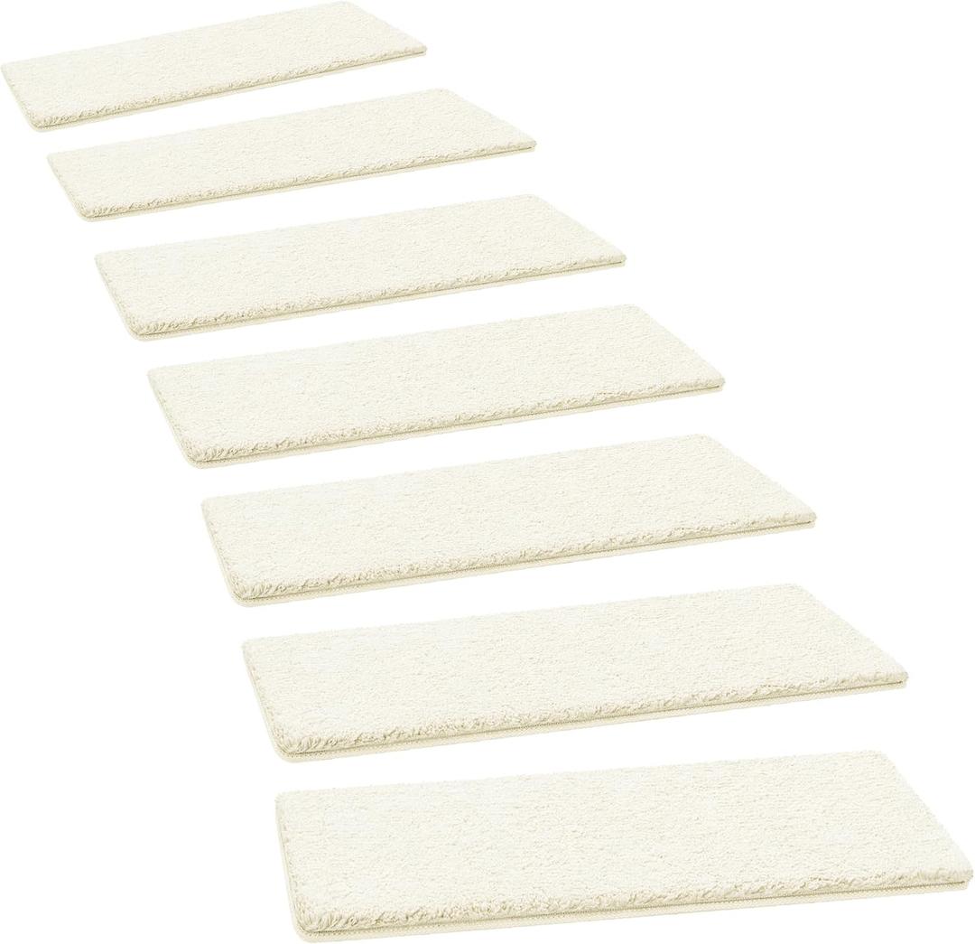 PURE ERA Carpet Stair Treads Ultra Plush 8" X 30" Soft Indoor Stair Protectors Pet-Friendly Non-Slip Skid Resistant Tape Free Washable Reusable(14 Pieces, White)