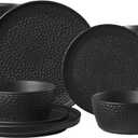 24-Piece Hammered Ceramic Dinnerware Sets, Matte Black | Hammered Texture | Plates & Bowls Set | Stackable | Microwave, Dishwasher & Oven Safe | Serves 8 | Ideal Gift