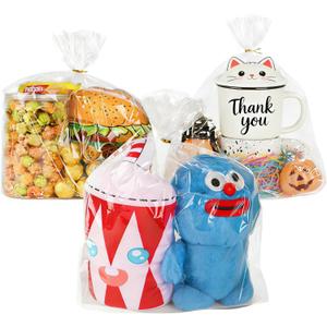 SUREHOME Cellophane Bags Clear Treat Bags with Ties 50 Pcs 9"x12" x3.15" Flat Bottom Gusset Gift Wrappers Can Stand Up Cello Goodie Bag for Birthday Party Favors Candy Snack Mugs Gift Giving Packaging