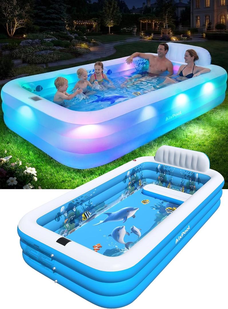 Extra Large Inflatable Pool With Lights,Upgraded Solar Powered Blow Up Pool For Adults,Inflatable Kids Swimming Pool with Seat& Backrest,Big Inflatable Kids Pool For Backyard,120x73x20IN-White