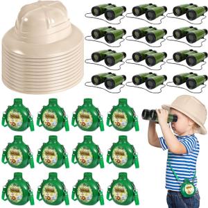 Haysandy 36 Pcs Kids Explorer Kit Include 12 Plastic Explorer Safari Hats and 12 Water Bottles and 12 Adventure Binoculars for Jungle Camping Outdoor Activity Party Birthday Gifts