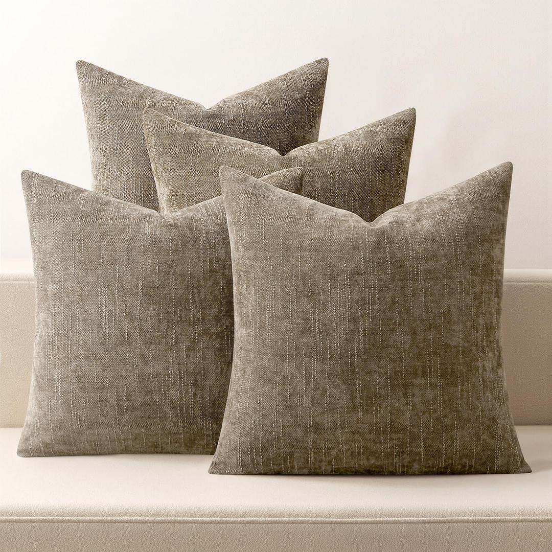 MIULEE Pack of 4 Decorative Throw Pillow Covers 18x18 Inch Taupe Chenille Textured Throw Pillows Boho Farmhouse Accent Cushion Covers for Modern Home Decor Couch Sofa Bed Living Room