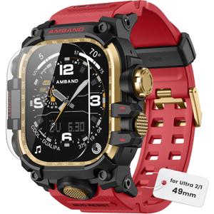 amBand Compatible with Apple Watch Ultra 2/Ultra Bands Case 49mm for Men, M3 Rugged Cover Military Sport Strap with Glass Screen Protector, Heavy Duty Protective Bumper for iWatch 49 mm - Red (49mm - Ultra 2/Ultra)