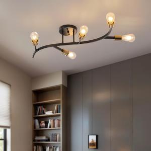 Modern Sputnik Semi Flush Mount Ceiling Light Fixture Black and Gold,5-Lights Mid Century Sputnik Chandelier for Dining Room,Kitchen,Hallway,Laundry Room,Bedroom(Bulbs Not Included)