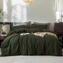 FOSSA Duvet Cover Set 100% Washed Cotton Linen Feel Super Soft Breathable Cozy 3 Pieces Bedding Sets Solid Olive Green Queen