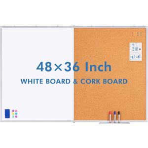 Magnetic White Board and Cork Board Combo, 48 X 36 inches Whiteboard Bulletin Combination Board, Wall Mounted Dry Erase Message Board for Home, School and Office