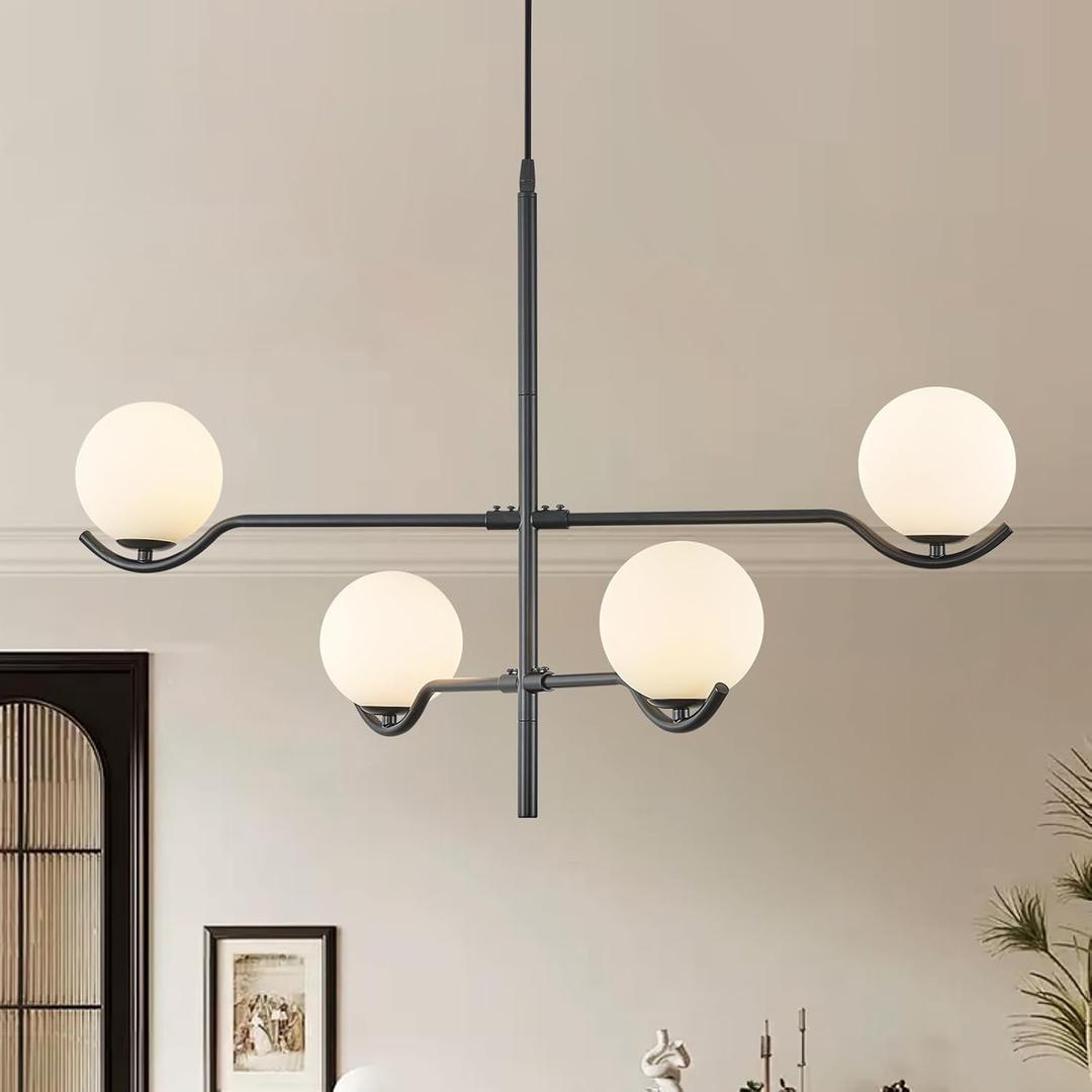 Black Sputnik Chandelier, Modern 4 Lights L31 '' Large Mid Century Long Ceiling Pendant Light Fixtures with Milk Glass Globe Shades for High Ceiling Living Dining Room Foyer Bedroom
