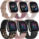 3+3 Pack Elastic Band and Silicone Band Compatible with Fitbit Versa 4 Bands for Woman/Fitbit Sense 2 Bands/Fitbit Versa 3 Bands/Fitbit Sense Bands, Replacement Wristband for Women Men for Smartwatch (Large, Beige+Mauve Purple+Starlight+Leopard+Pink+Black), L