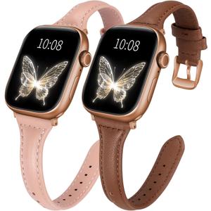 2 pack Slim Leather Bands Compatible with Apple Watch Band 38mm 40mm 41mm 42mm 44mm 45mm 46mm 49mm Women,Top Layer Genuine Leather Strap for iWatch Series 11/10/9/8/7/6 5/4/3/2/1/SE/Ultra (Brown+Pink/Rose Gold)