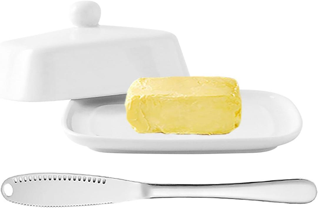 Kitchen Ceramic Butter Dish with Lid and Knife for Countertop Refrigerator, Butter Holder with Knob Handle East/West Coast Butter Stick Keeper
