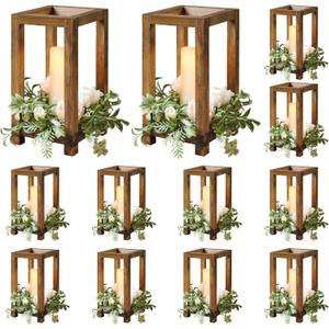 12Pcs Wooden Lanterns Wedding Centerpiece for Decorative, Rustic Candle Holder Decorative for Wedding Party, Flameless Candle Lantern for Valentine Wedding Table Decor