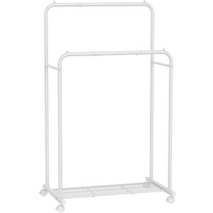 SONGMICS Double Rods Clothes Rack with Wheels, Clothing Rack for Hanging Clothes, Heavy Duty Garment Rack with Mesh Storage Shelf, 2 Brakes, Each Top Rail Holds up to 77 lb, White UHSR026W01