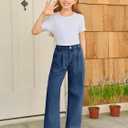 Haloumoning Girls Wide Leg Baggy Jeans Kids Fashion Pleated Elastic High Waist Denim Pants with Pockets 5-14 Years (7-8 Years, Navy Blue)