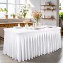 Wish Care 2 Pack White Spandex Table Clothes for 8 Foot Rectangle Tables, 8FT Wrinkle Free Fitted Tablecloths Ruffles Design Table Cover for Party, Banquet, Wedding and Events