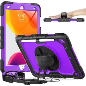 Timecity Case for iPad 9th/ 8th/ 7th Generation 10.2 inch - Heavy Duty Protective Cover with Screen Protector, Rotating Stand, Shoulder Strap & Pencil Holder | Kids-Friendly (Purple)