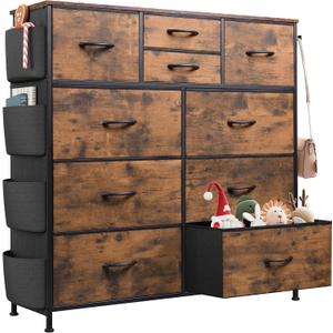 WLIVE Fabric Dresser for Bedroom with 10 Drawers, Chest of Drawers with Side Pockets and Hooks, Sturdy Metal Frame, Drawers Organizer Unit for Living Room, Hallway, Rustic Brown Wood Grain Print (Rustic Brown Wood Grain Print)