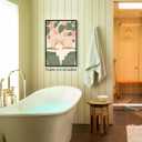 Rustic Japanese Canvas Wall Art, Japan Cat Bathroom Aesthetic Poster, Tabby Cat In Bathtub Print, Neutral Pink Flowers and Green Leaves Picture, Restroom Cute Animal Painting 12x16in Unframed