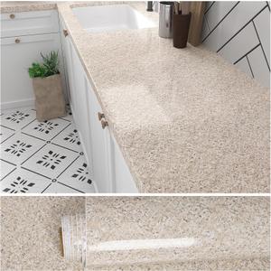 VEELIKE Wide Tan Countertop Contact Paper Waterproof Glossy Granite Peel and Stick Countertops for Kitchen 32''x118'' Self Adhesive Brown Marble Wallpaper Vinyl Countertop Wrap for Walls Table Desk