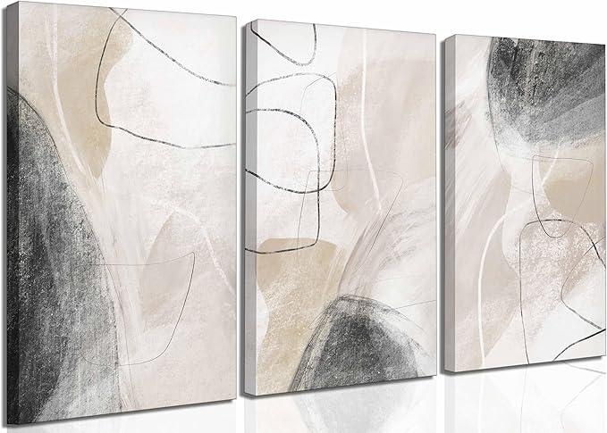 3Pcs Modern Abstract Canvas Wall Art Neutral Minimalist Boho Beige and Black Grey Geometric Line Nordic Picture Wall Decor Poster Print Artwork for Living Room Bedroom Office Home Decoration