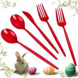 LIYH 150 Pcs Red Plastic Cutlery Sets - Red Plastic Silverware Heavyduty Disposable Utensil Sets, 50 of Each Forks, Knives & Spoons Flatware Set for Party Birthday Mother's Day Easter