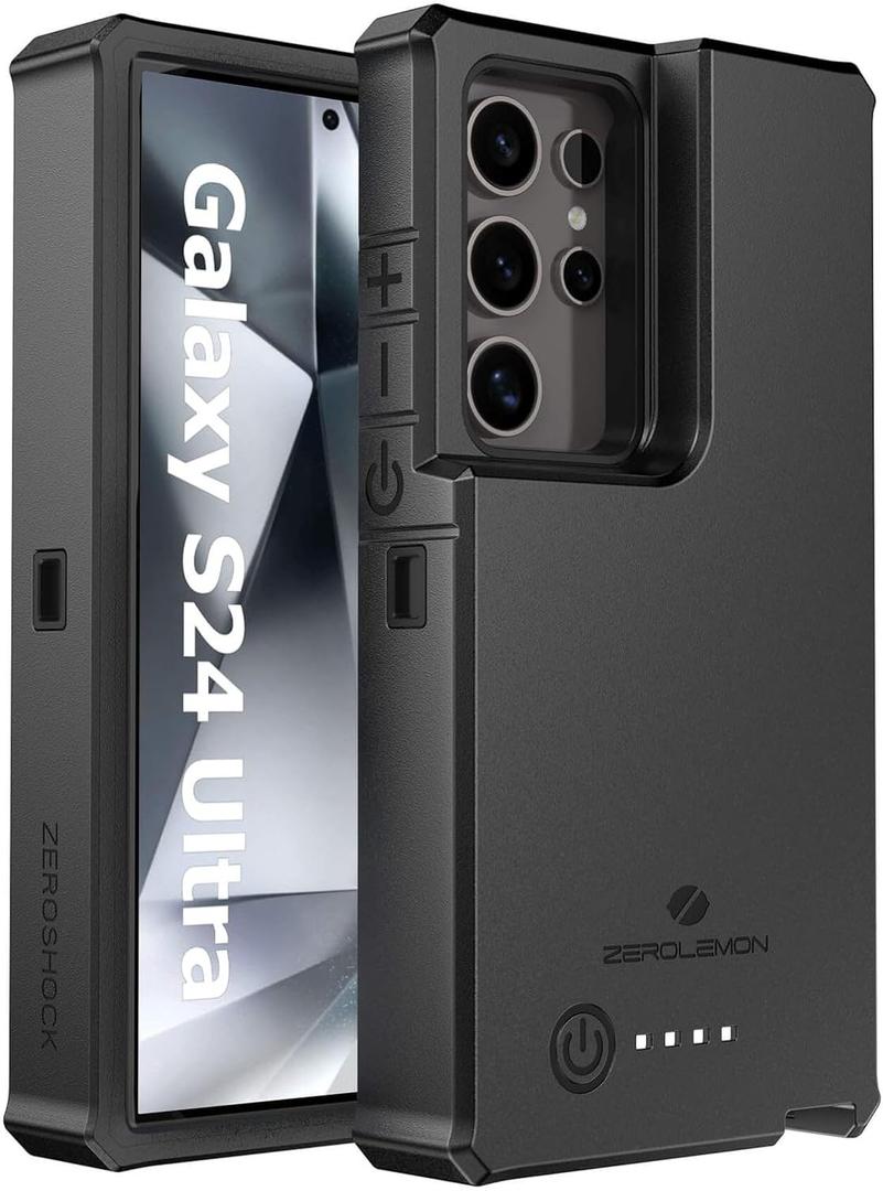 ZEROLEMON Battery Case for Galaxy S24 Ultra 10000mAh, 18W Fast Phone Charging Power to Galaxy S24 Ultra, ZeroShock Extended Charger Case Cover for The S24 Ultra - Black