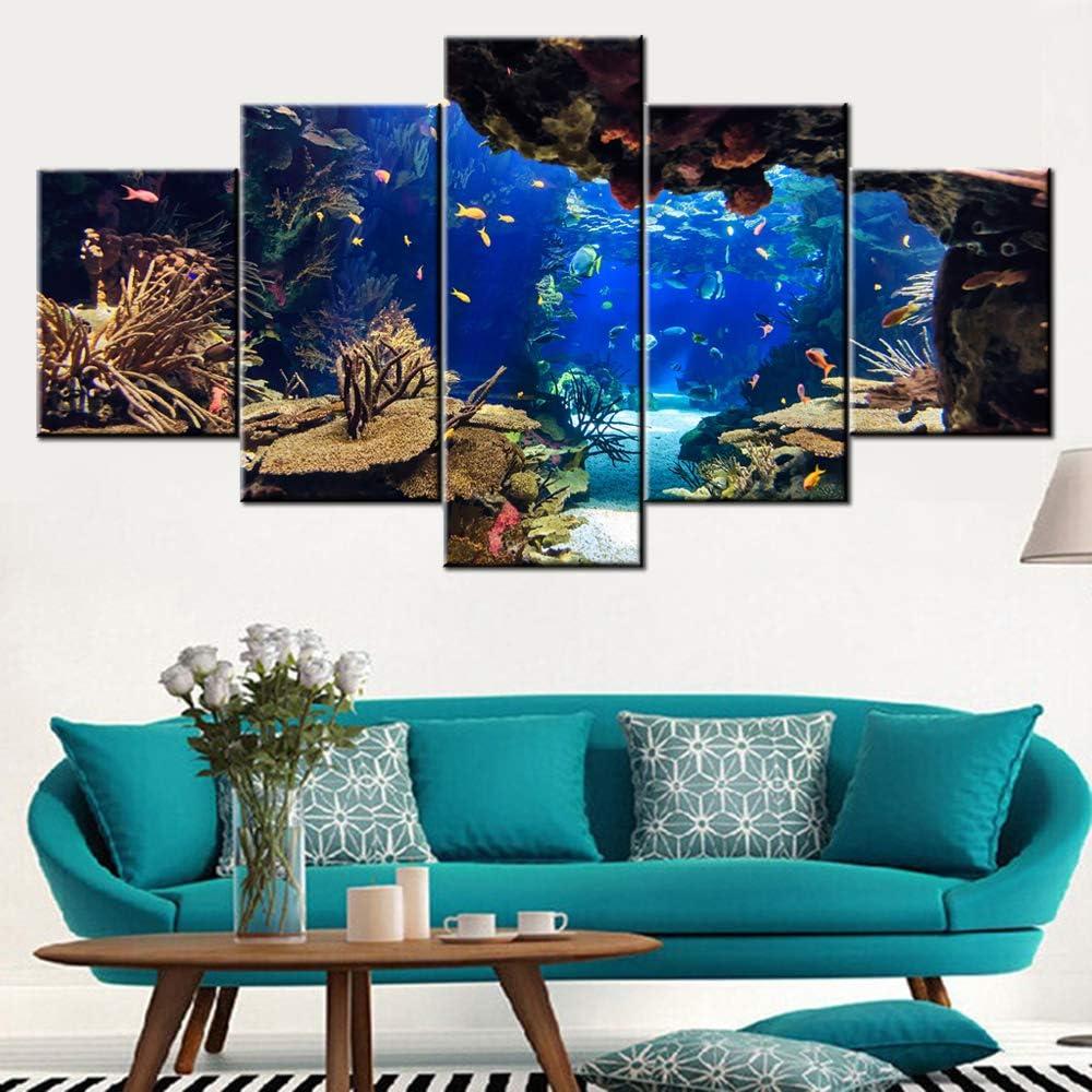 Coral Reef and Fish Paintings Underwater World Wall Art Undersea Pictures Home Decorations for Living Room Aquarium Artwork Gallery-Wrapped 5 Panel Prints on Canvas Framed Ready to Hang(60''W x 32''H)