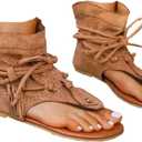 Women's Tassel Gladiator Flip Flops Sandals,Summer Retro Bohemian T-Strap Roman Open-Toe Sandals Casual Beach Flat Clip Toe Ankle Boots (8, Brown)