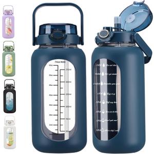 chunmo 74 oz Glass Water Bolttles with Straw Large Motivational Water Bottle with Time Marker Sports Water Bottles with Silicone Sleeve and Handle Lid 2.2L Water Jug for Gym Workout