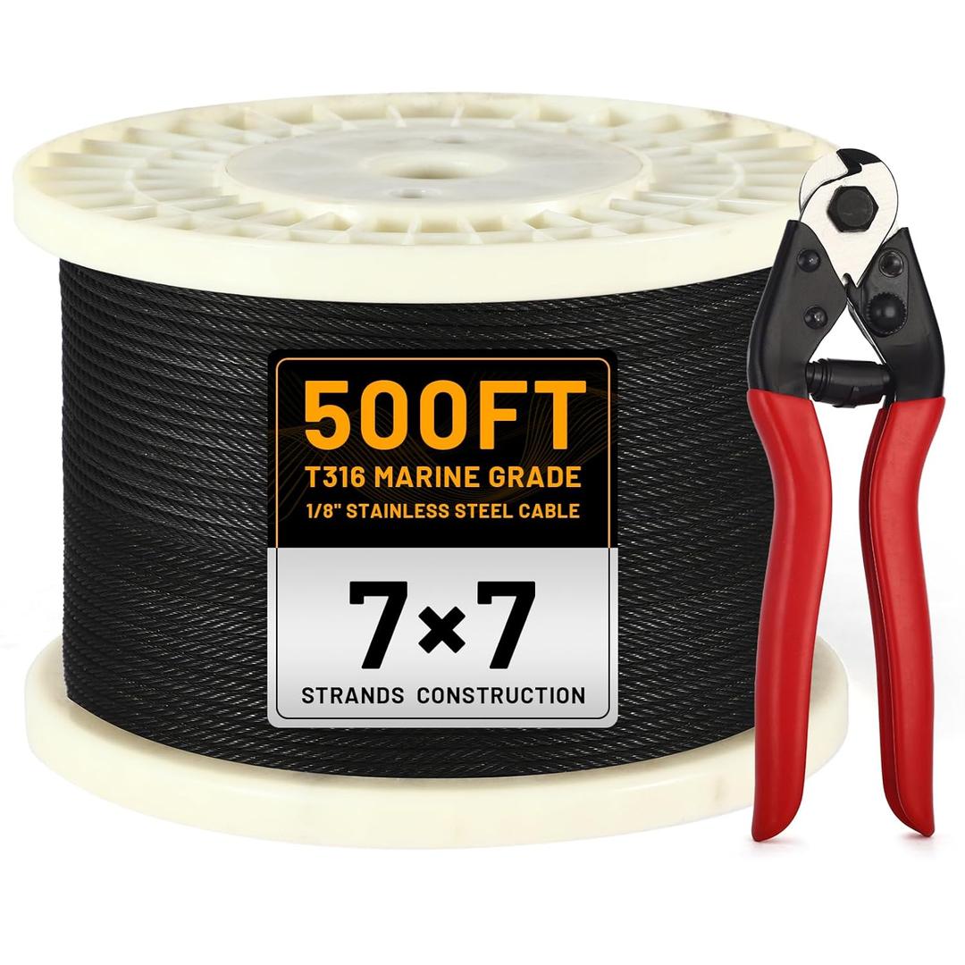 500FT 1/8" Black Stainless Steel Cable with a Cutter, T316 Wire Rope Cable for Deck Cable Railing Kit, 1850 lb Breaking Strength, 7x7 Strands Aircraft Cable for Stair Fence Deck Railing