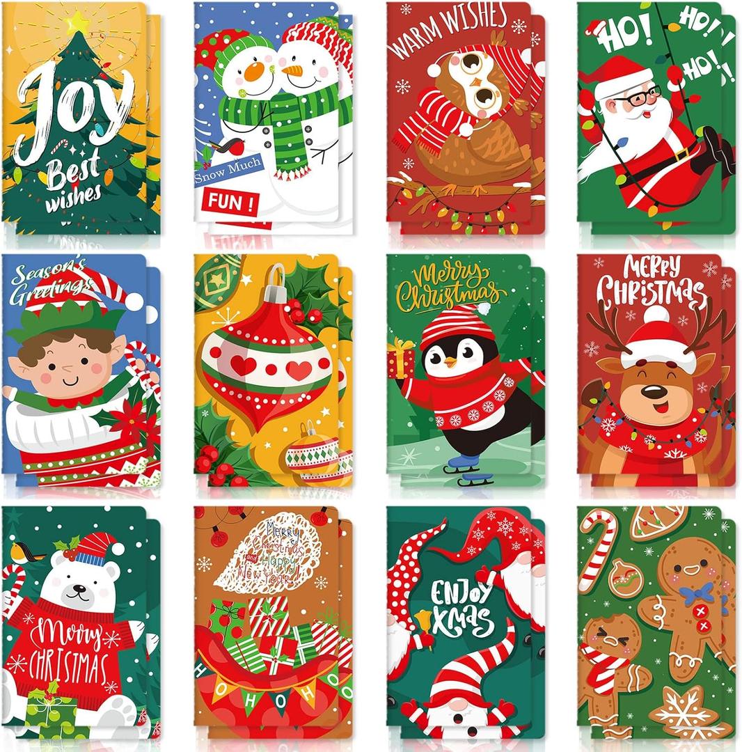 Faccito 48 Pcs Christmas Notepad Mini Notebooks Holiday Note Pads Bulk 12 Designs Small Memo Notepads Merry Christmas Theme Pocket Notebooks for Kids Xmas Classroom Office Favors Goodie Bag Fillers