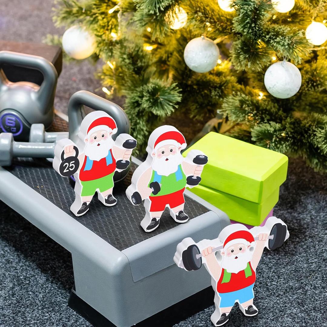 Fitness Gym Christmas Ornaments Funny Decoration Santa Weight Lifting Workout Ornaments Wooden Barbell and Dumbbell Xmas Rustic Tiered Tray Standing Tabletop Decor for Gym Lovers Gifts