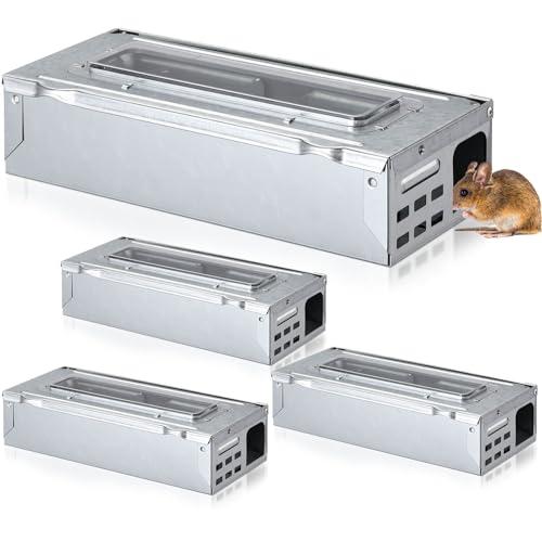 Qualirey 4 Pack Multi Catch Mice Trap Clear Top Humanized Mouse Trap Rodent for Indoor Outdoor Rat Control Pet and Security (4.5 Inch,Silver)
