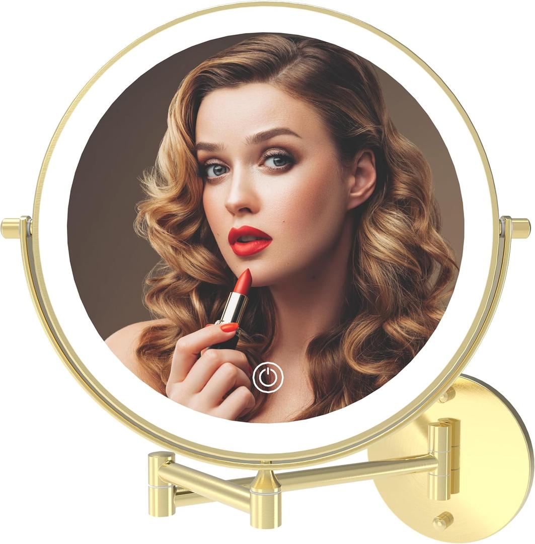 Rechargeable Wall Mounted Lighted Makeup Vanity Mirror 9 Inch Double Sided 1X 10X Magnifying Bathroom Mirror, 3 Color Lighting, Touch Screen Dimming, 360 Rotation Shaving Mirror Gold