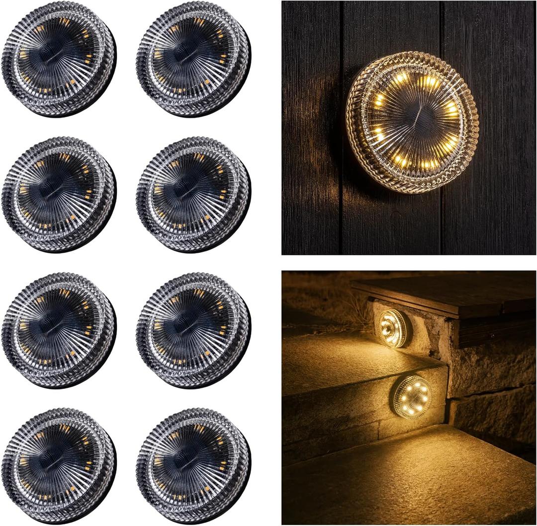 Glass Solar Deck Lights with Ray Style, Modular-Design Waterproof Outdoor Fence Lights for Stairs Step Yard Patio Garden Wall Pathway, Decorative Patio Table Lighting, Warm White (8 Pack)
