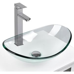 Bathroom Boat Shape Artistic Glass Vessel Sink Free Chrome Faucet and Pop-up Drain Set, Clear
