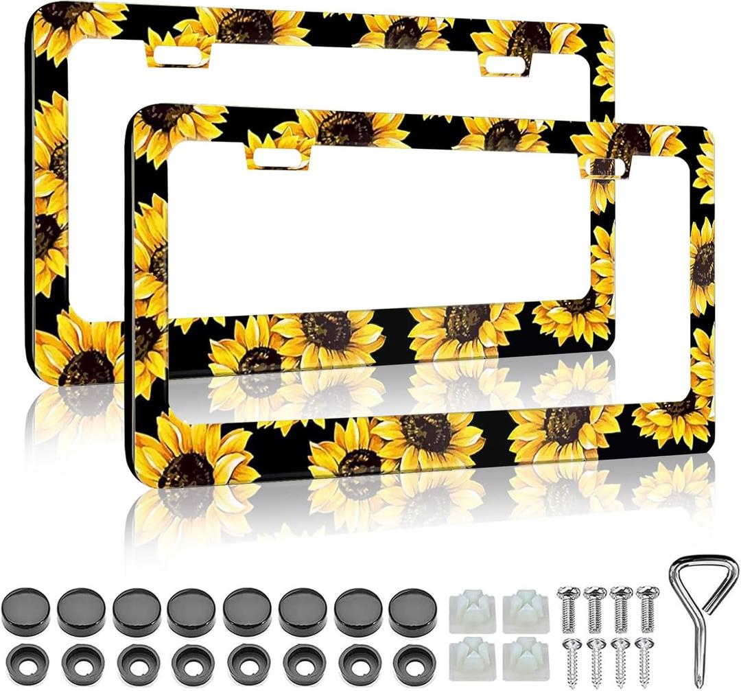 Sunflower License Plate Frame - 2 PCS Aluminum Metal Yellow Sunflowers License Plate Frames Holder Covers, Rust-Proof Waterproof Car Decorative Tag Frames for Standard US 12x6 Inch