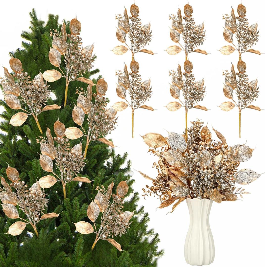 6 Pcs 16 Inch Christmas Magnolia Picks Champagne Christmas Tree Picks Glitter Gold Artificial Magnolia Flower Leaves Berries Branches for Xmas Tree Winter Vase Wreath Holiday Decor