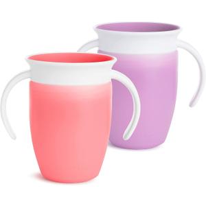 Munchkin Sippy Cup for 6 Month Old and Up, Spill Proof Miracle 360 Toddler Cups with Transition Handles, 7 Ounce, 2 Pack, Pink/Purple